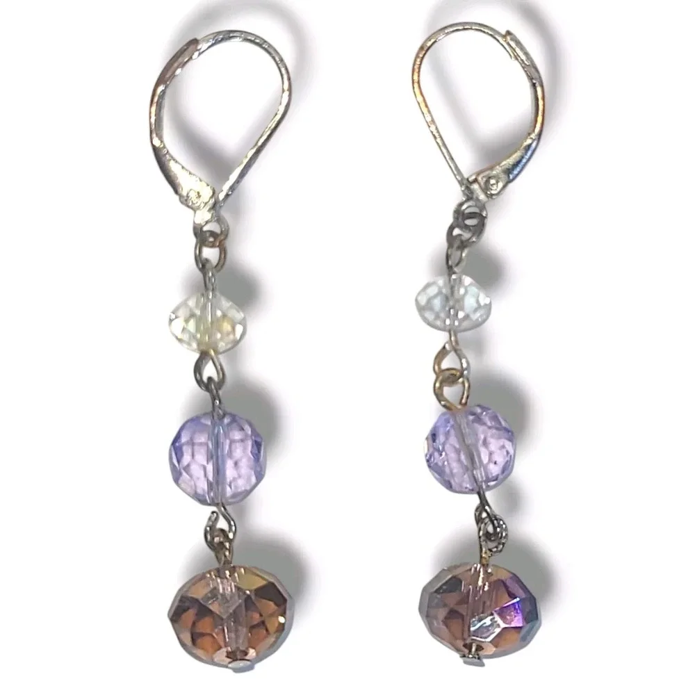 Silver Tone Purple Crystal‎ Leverback Dangle Drop Earrings